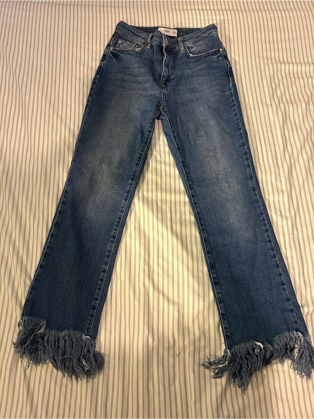 Mango Frayed-Hem Straight Leg Jeans in Blue Denim